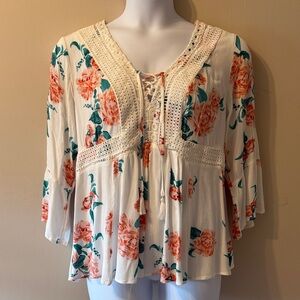 Torrid White Floral Lace-Up Boho Blouse with Coral & Teal Print Size 2